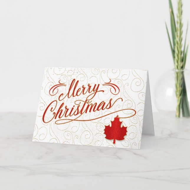 Merry Christma for Canadians in Red and Guld Maple Helgkort (Framsida)