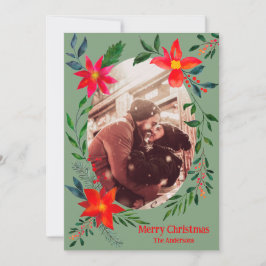 Merry Christmas 1 Photo Watercolor Floral Holiday Julkort