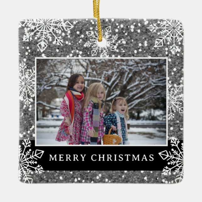 Merry Christmas 2 Photo Silver Glitter Snowflakes Julgransprydnad Keramik (Framsida)