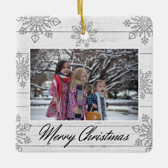 Merry Christmas 2 Photo Wood Silver Snowflakes  Julgransprydnad Keramik (Framsida)