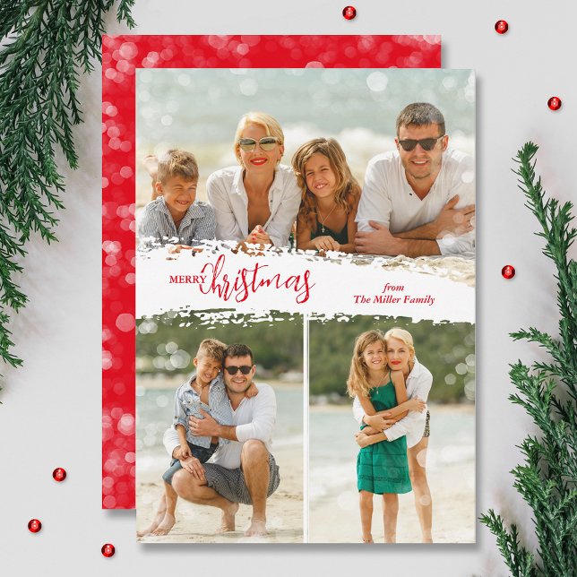 Merry Christmas 3 Photo Collage Holiday Card Julkort (Red Merry Christmas 3 photo grid collage holiday cards, PRINTED and/or INSTANT DOWNLOAD)