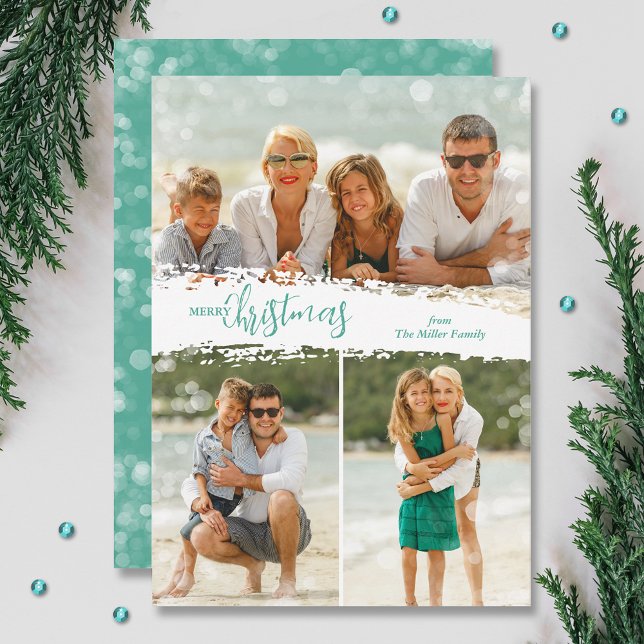 Merry Christmas 3 Photo Collage Holiday Card Julkort (Aqua Merry Christmas 3 photo grid collage holiday cards, PRINTED and/or INSTANT DOWNLOAD)