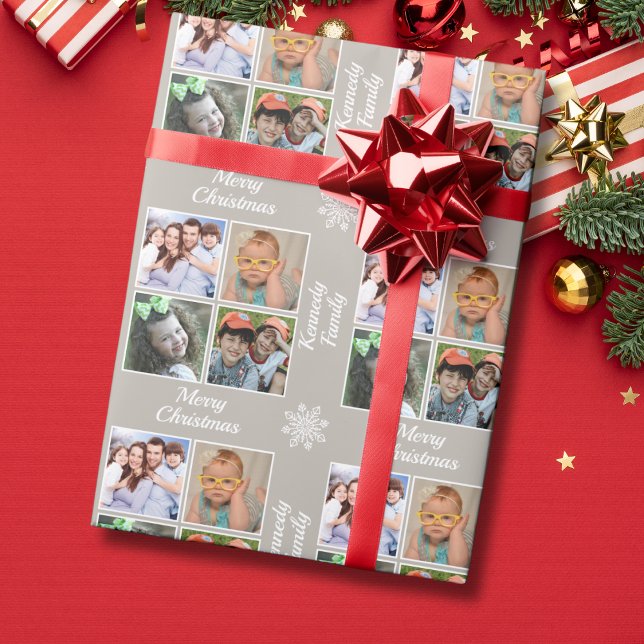 Merry Christmas 4 Photo Collage Family Name Taupe Presentpapper (Skapare uppladdad)