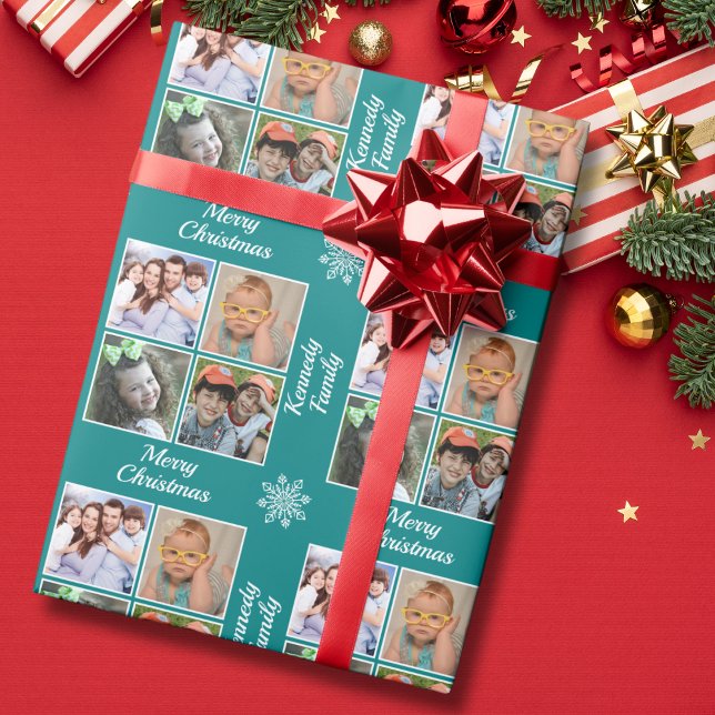 Merry Christmas 4 Photo Collage Family Name Teal Presentpapper (Skapare uppladdad)