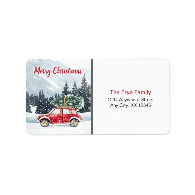 Merry Christmas Address Label | Red Holiday Car Adressetikett (Framsidan)