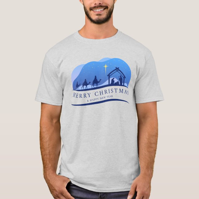 Merry Christmas and Happy New Year Nativity T Shirt (Framsida)