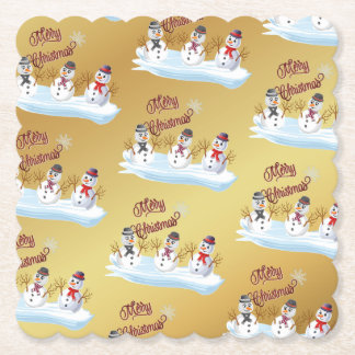 Merry Christmas and snowmen on faux gold Underlägg Papper