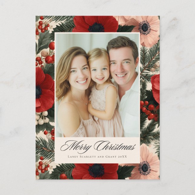 Merry Christmas Anemone Floral Background holiday  Helg Vykort (Framsida)