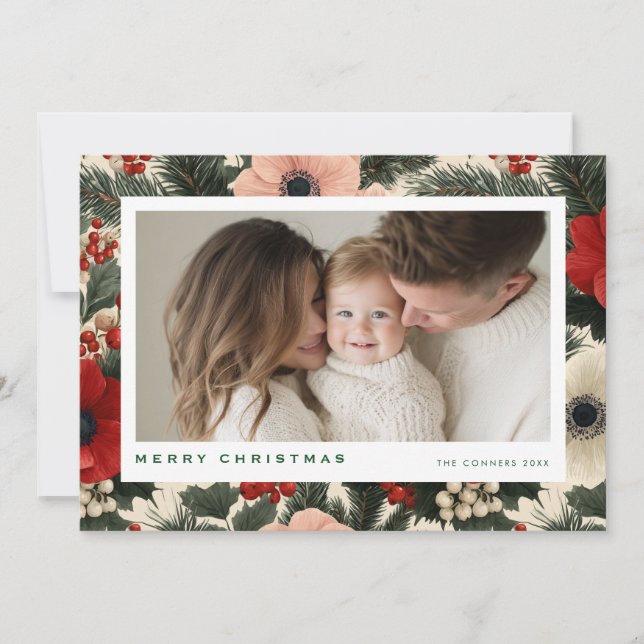 Merry Christmas Anemone Floral Background Julkort (Framsida)