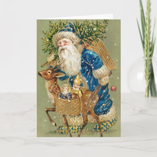 Merry Christmas, Antique Card, Santa and Reindeer Kort (Framsida)