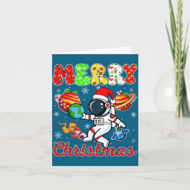 Merry Christmas Astronaut Santa Hat Snowflakes Tre Kort (Framsida)