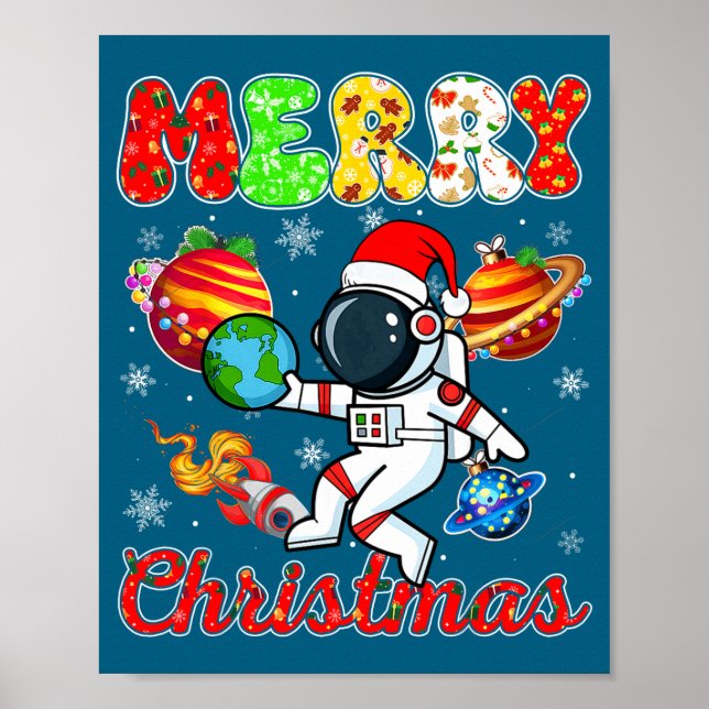 Merry Christmas Astronaut Santa Hat Snowflakes Tre Poster (Framsidan)
