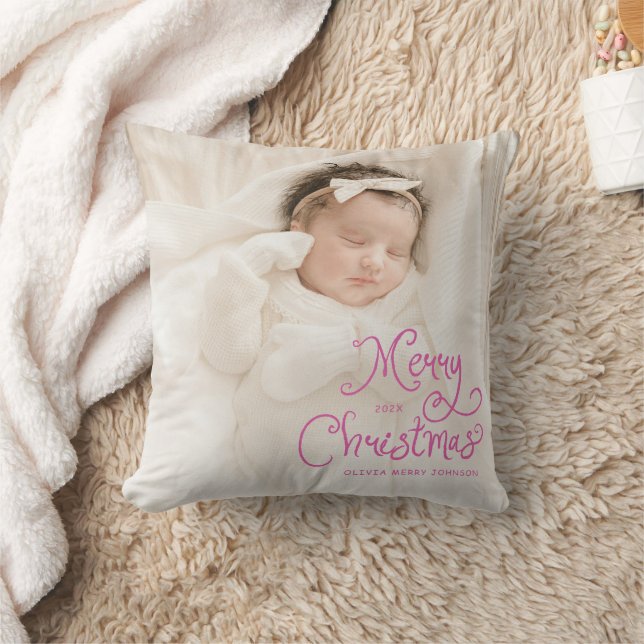 Merry Christmas Baby Photo Pink Kudde (Filt)