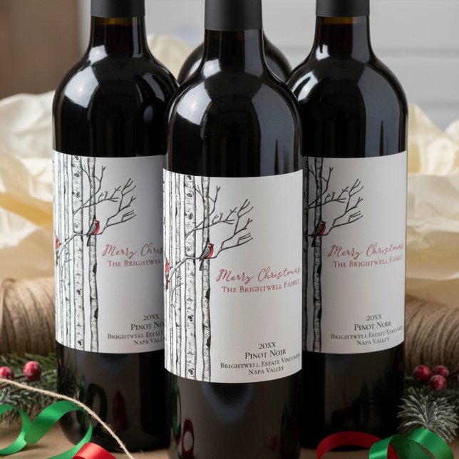 Merry Christmas Birch Trees and Red Cardinal Birds Vinflaska Etikett (Simple Hand Drawn Rustic Cardinal Birds in Birch Tree Forest Merry Christmas Wine Label Xmas Gift)