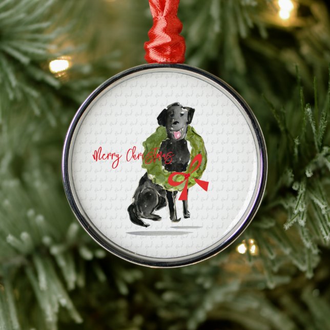 Merry Christmas Black Lab Dog Wreath Holly Pets Julgransprydnad Metall (Träd)