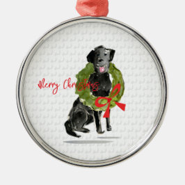 Merry Christmas Black Lab Dog Wreath Holly Pets Julgransprydnad Metall