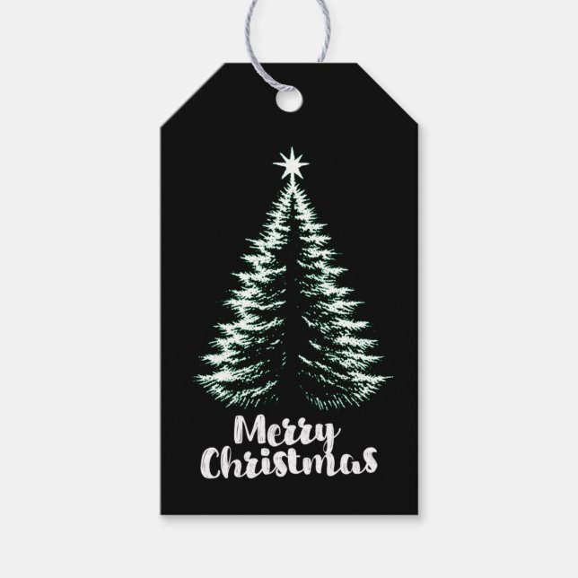 Merry Christmas Black & Mint Distressed Chic Tree Presentetikett (Framsidan)