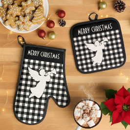 Merry Christmas Black & White Buffalo Plaid Angel