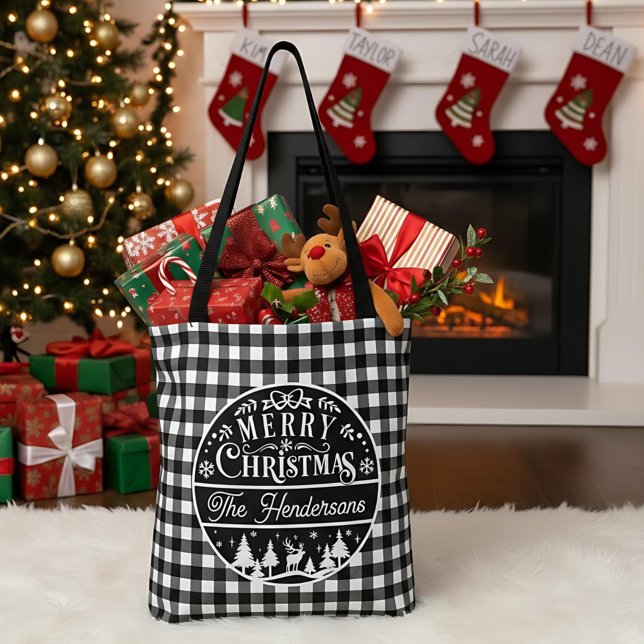 Merry Christmas Black & White Buffalo Plaid Custom Tygkasse (Skapare uppladdad)