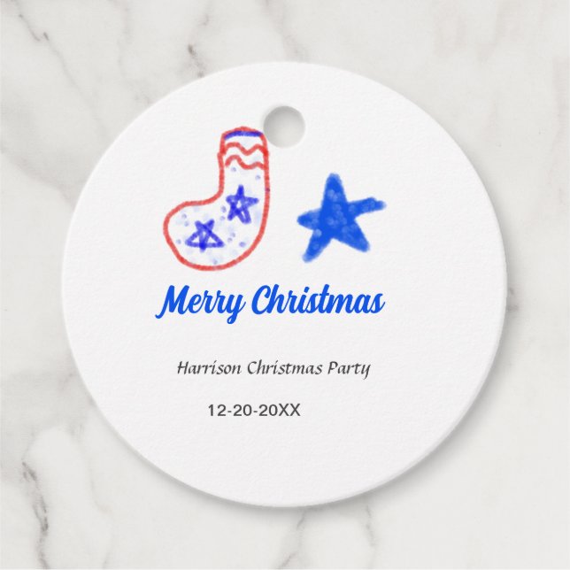 Merry Christmas blue star red stockings name date  Gåvor Etiketter (Framsida)