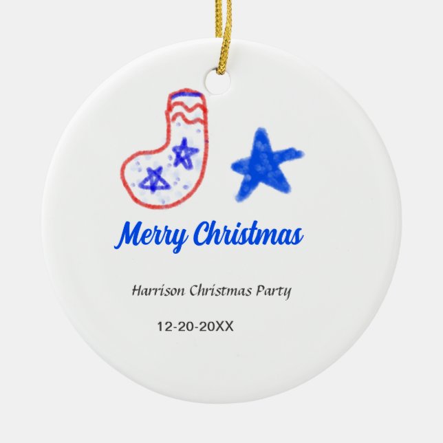 Merry Christmas blue star red stockings name date  Julgransprydnad Keramik (Framsidan)