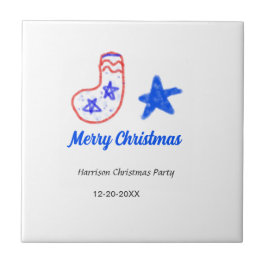 Merry Christmas blue star red stockings name date  Kakelplatta