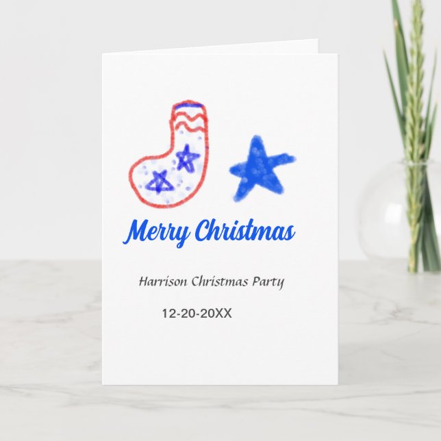 Merry Christmas blue star red stockings name date  Kort (Framsida)