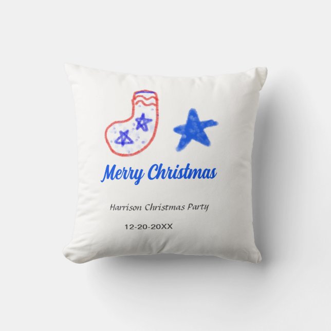 Merry Christmas blue star red stockings name date  Kudde (Framsida)