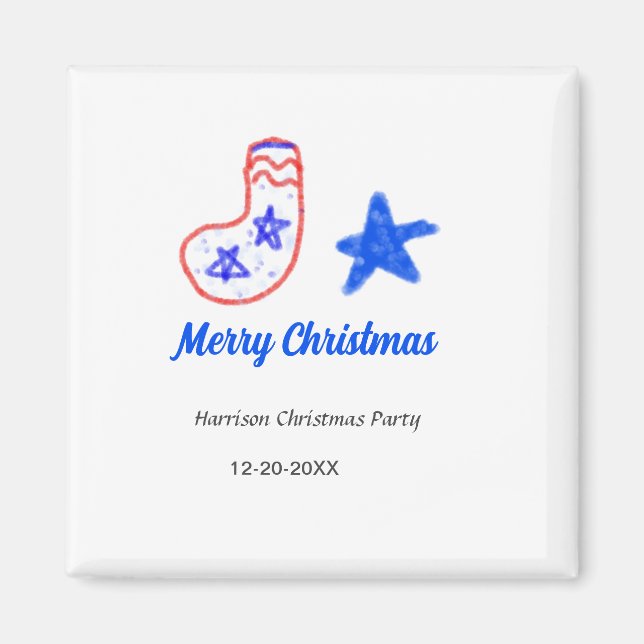 Merry Christmas blue star red stockings name date  Magnet (Framsidan)