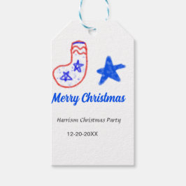 Merry Christmas blue star red stockings name date  Presentetikett