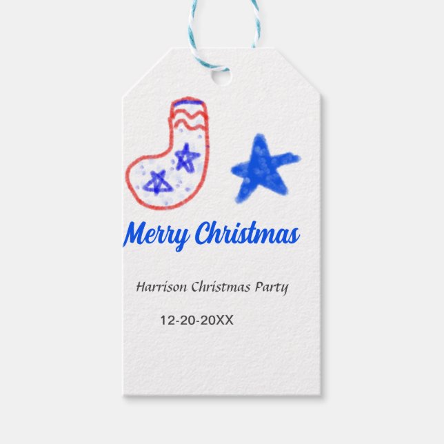 Merry Christmas blue star red stockings name date  Presentetikett (Framsidan)
