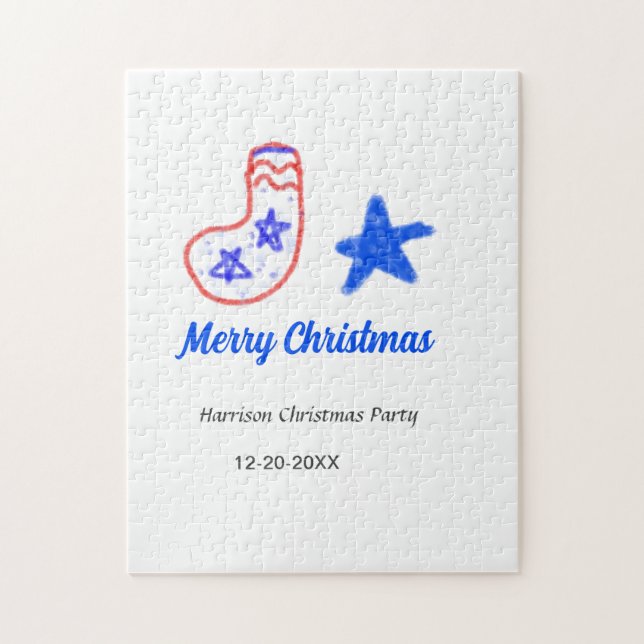 Merry Christmas blue star red stockings name date  Pussel (Vertikal)