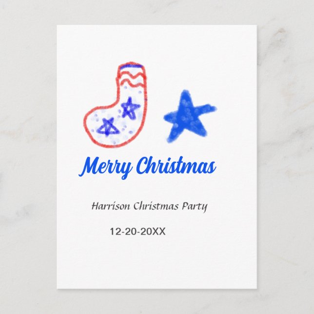 Merry Christmas blue star red stockings name date  Vykort (Framsida)