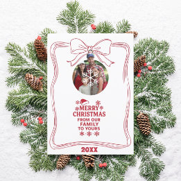 Merry Christmas bow red white modern photo card Julkort