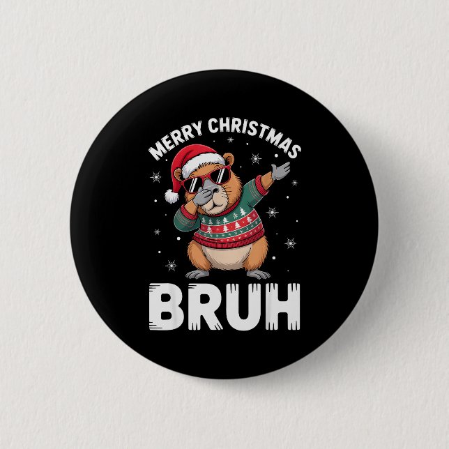 Merry Christmas Bruh Capybara Dabbing Santa Hat Xm Knapp (Framsida)