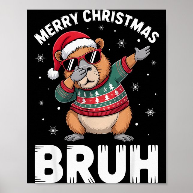 Merry Christmas Bruh Capybara Dabbing Santa Hat Xm Poster (Framsidan)