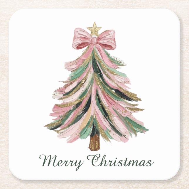 Merry Christmas Brushstroke Tree Paper Coaster Set Underlägg Papper Kvadrat (Framsidan)
