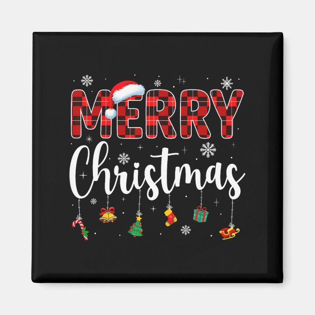 Merry Christmas Buffalo Plaid Red Santa Family Xma Magnet (Framsidan)
