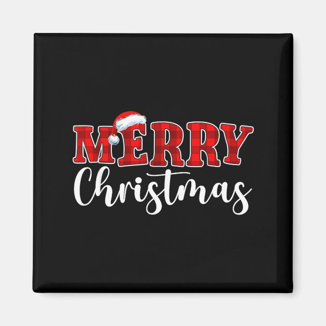 Merry Christmas Buffalo Plaid Red Santa Hat Xmas P Magnet (Framsidan)