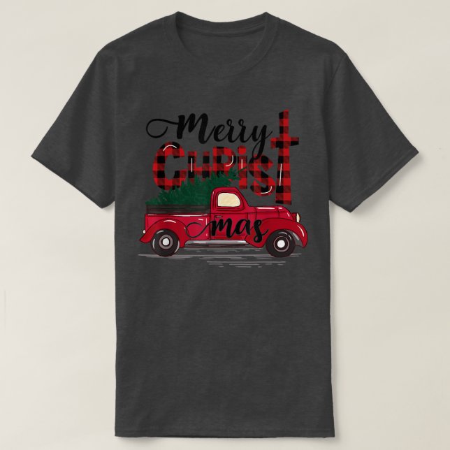 Merry Christmas Buffalo Plaid Red Truck Christian  T Shirt (Design framsida)