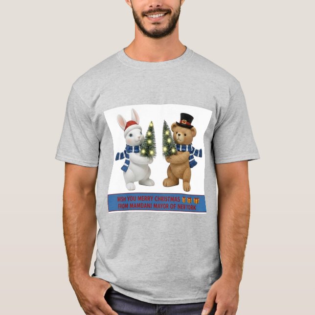 Merry Christmas Bunny and Bear Holding Trees T-Shi T Shirt (Framsida)