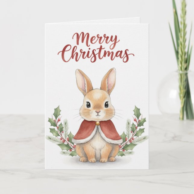 Merry Christmas Bunny Card Cute Rabbit in Red Cape Kort (Framsida)