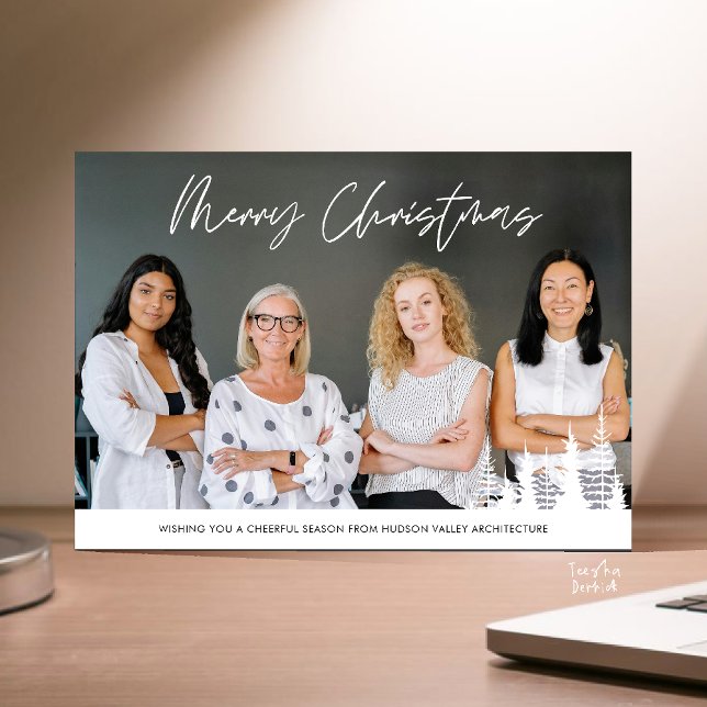 Merry Christmas Business Team Photo Pine Trees Julkort (Merry Christmas Business Team Photo Pine Trees Holiday Card in Black and White)