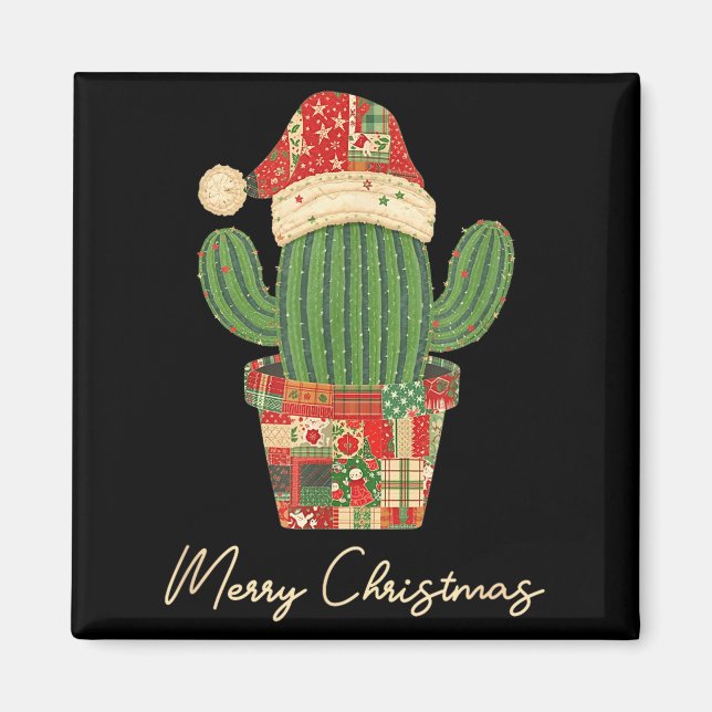 Merry Christmas Cactus Patchwork Quilt  Magnet (Framsidan)