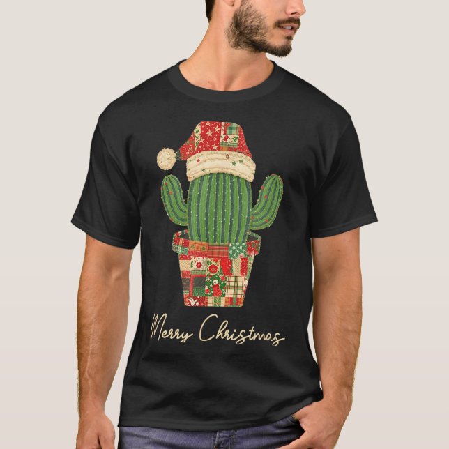 Merry Christmas Cactus Patchwork Quilt  T Shirt (Framsida)