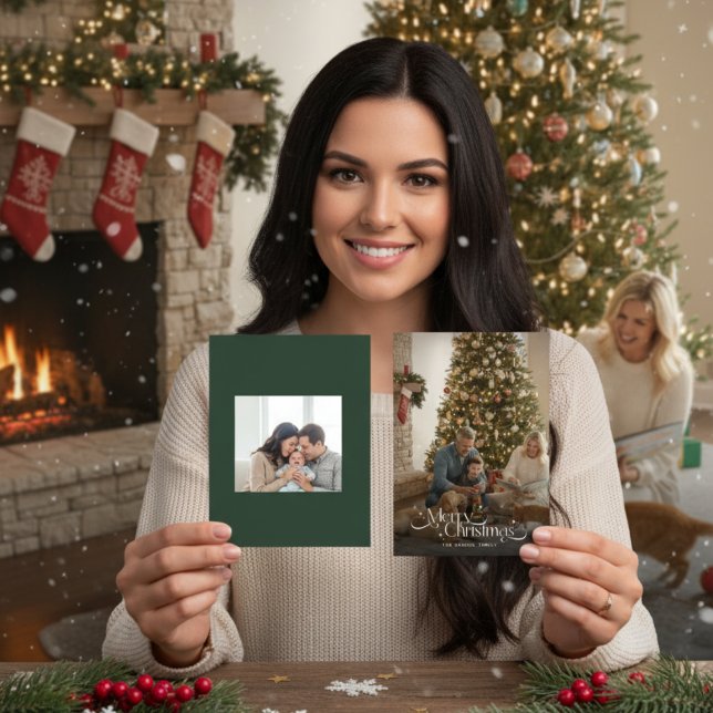 Merry Christmas Calligraphy Script Family Photo Julkort (Skapare uppladdad)