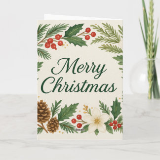 Merry Christmas Card Winter Florals Pine Branches  Kort