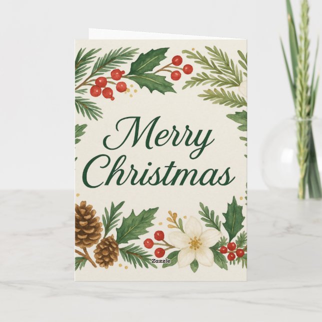 Merry Christmas Card Winter Florals Pine Branches  Kort (Baksida)