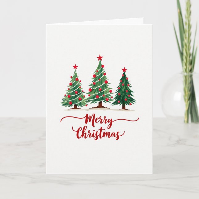 Merry Christmas Card with Three Watercolor Pines Kort (Framsida)