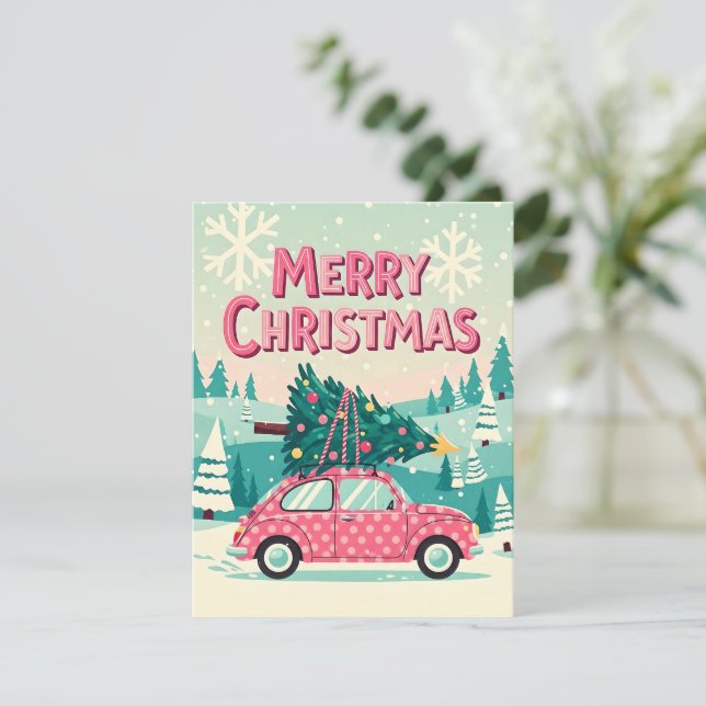 Merry Christmas Card With Vintage Car Julkort (Stående Fram)